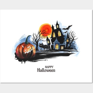 Halloween Scary House Pumpkin Posters and Art